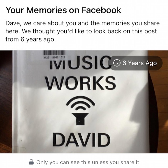 Facebook Memory - reading David Byrne How Music Works 6 years ago